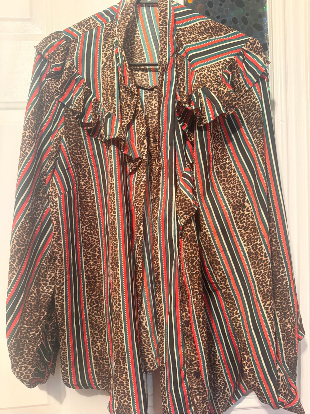Leopard & Stripe Ruffle Blouse - Brown with Red & Green Stripes